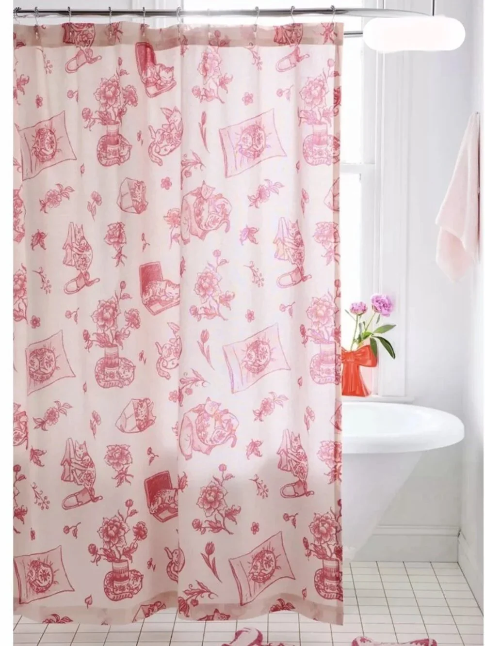NEW Delft Pink Cat Allover Print Shower Curtain 72x72
